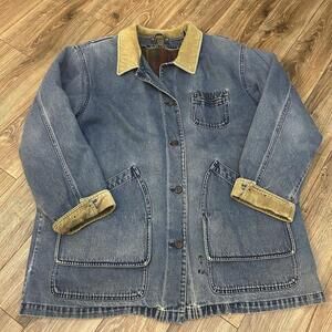 Vintage LL Bean Chore Coat Jacket XL Plaid Lined Heavyweight Denim Corduroy